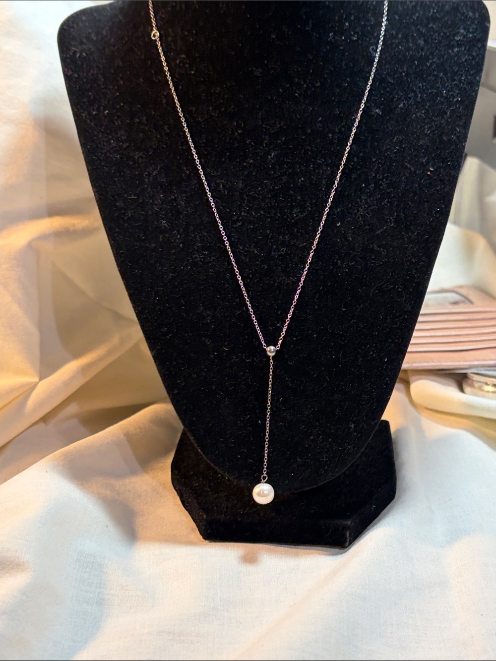 Delicate Sterling Silver Y-Necklace with White Pearl Drop